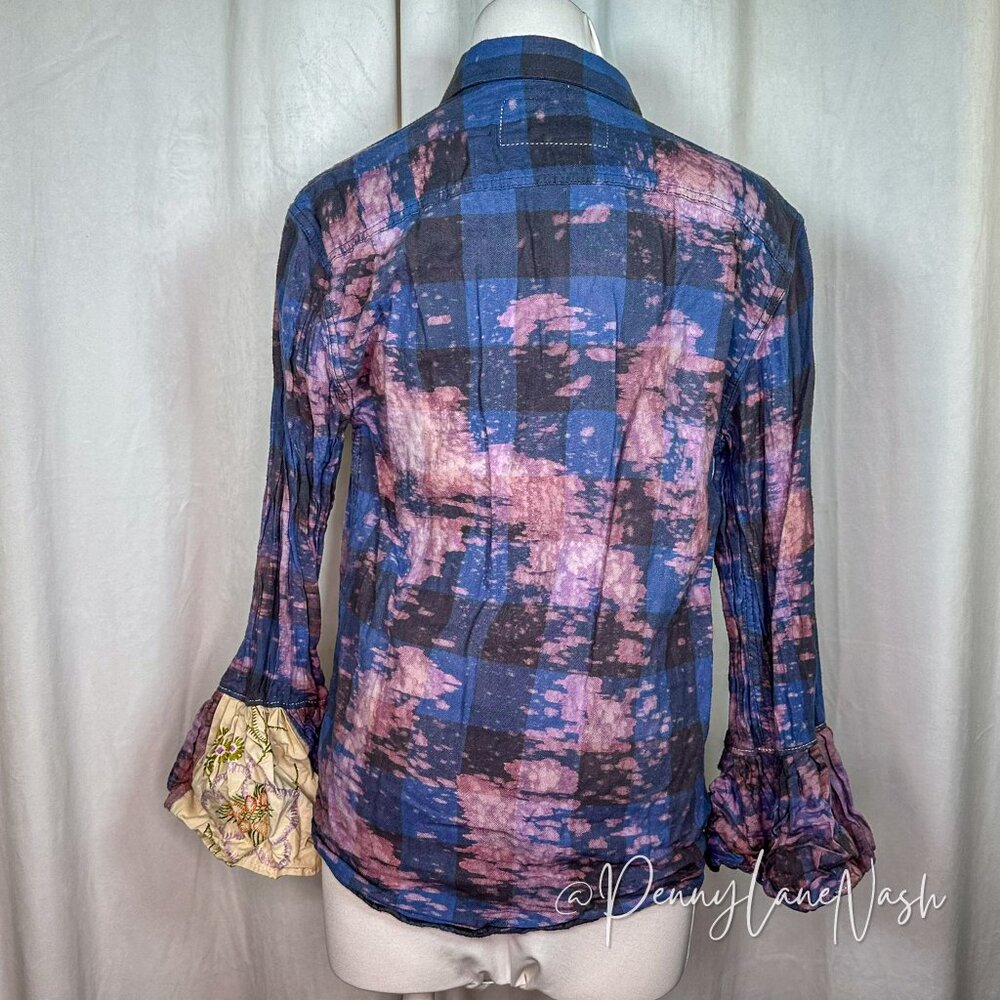 Angry Minnow Vintage Distressed Plaid Ornate Flared Sleeves Shirt - Picture 8 of 9